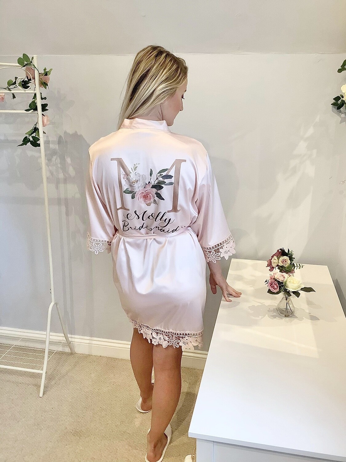Gold floral initial satin lace robe