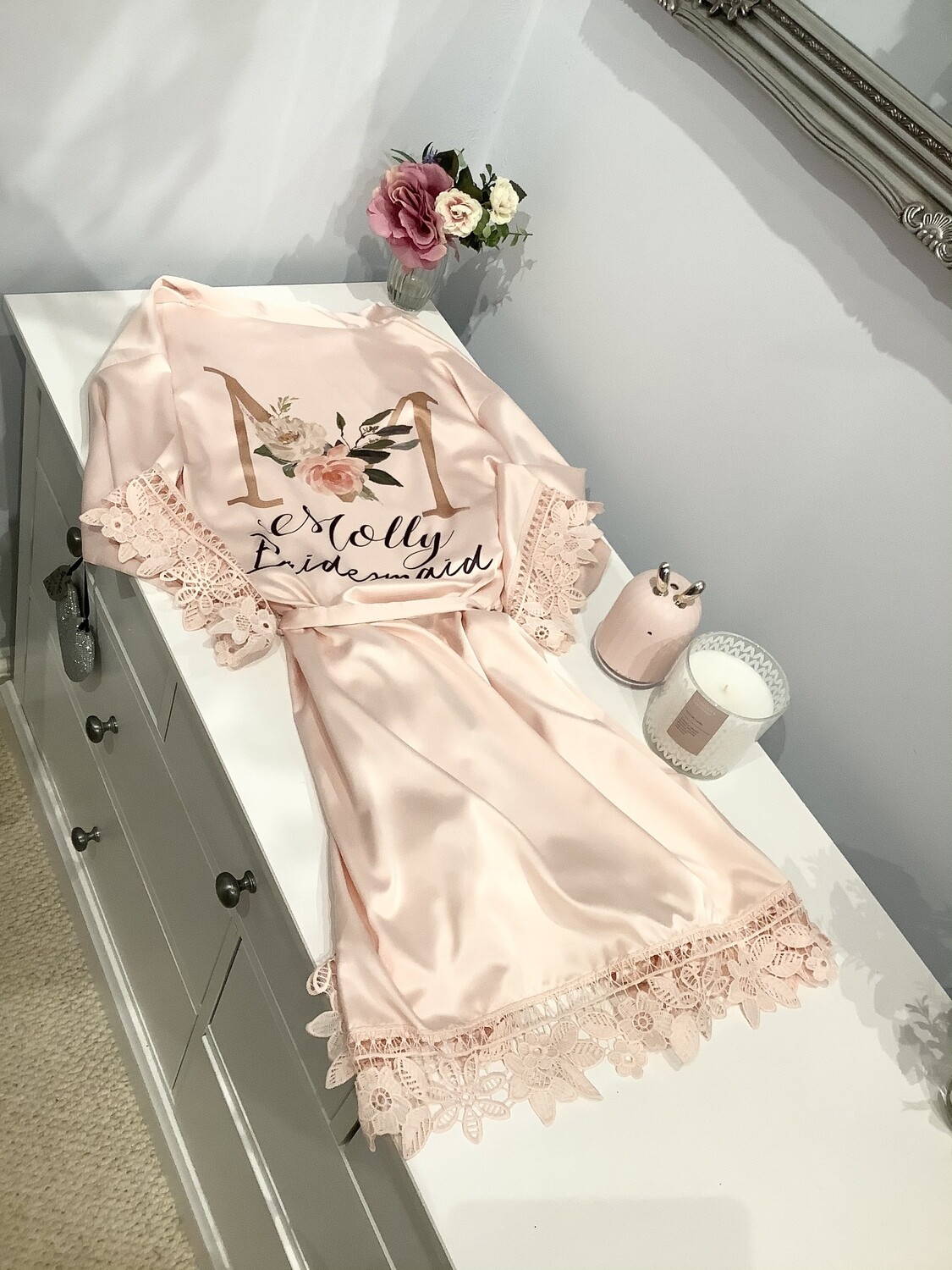 Gold floral initial satin lace robe