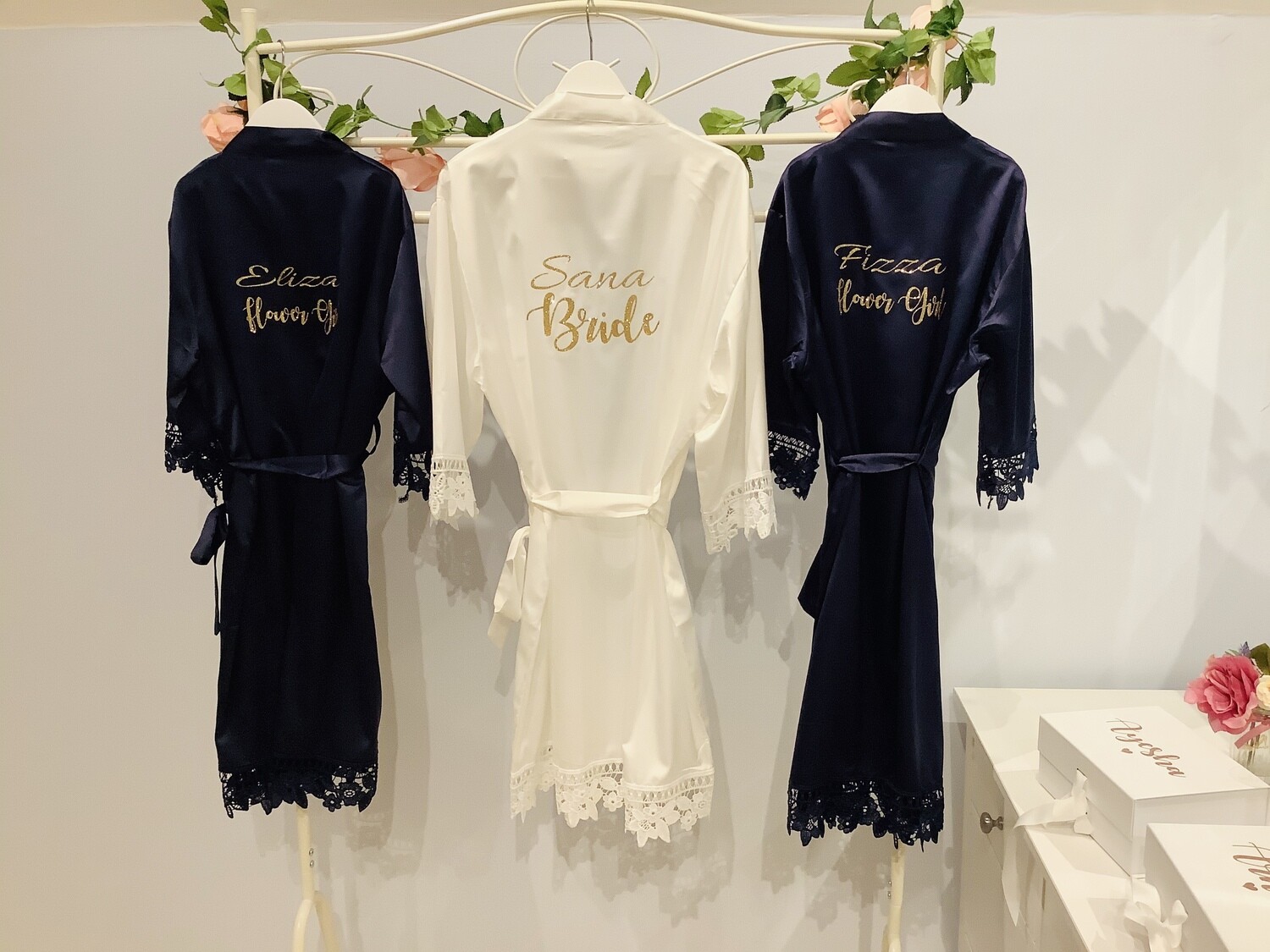 Personalised  glitter/ foil  matte satin lace edged robes
