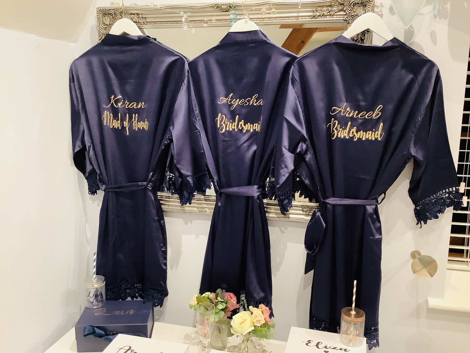 Personalised  glitter/ foil  matte satin lace edged robes