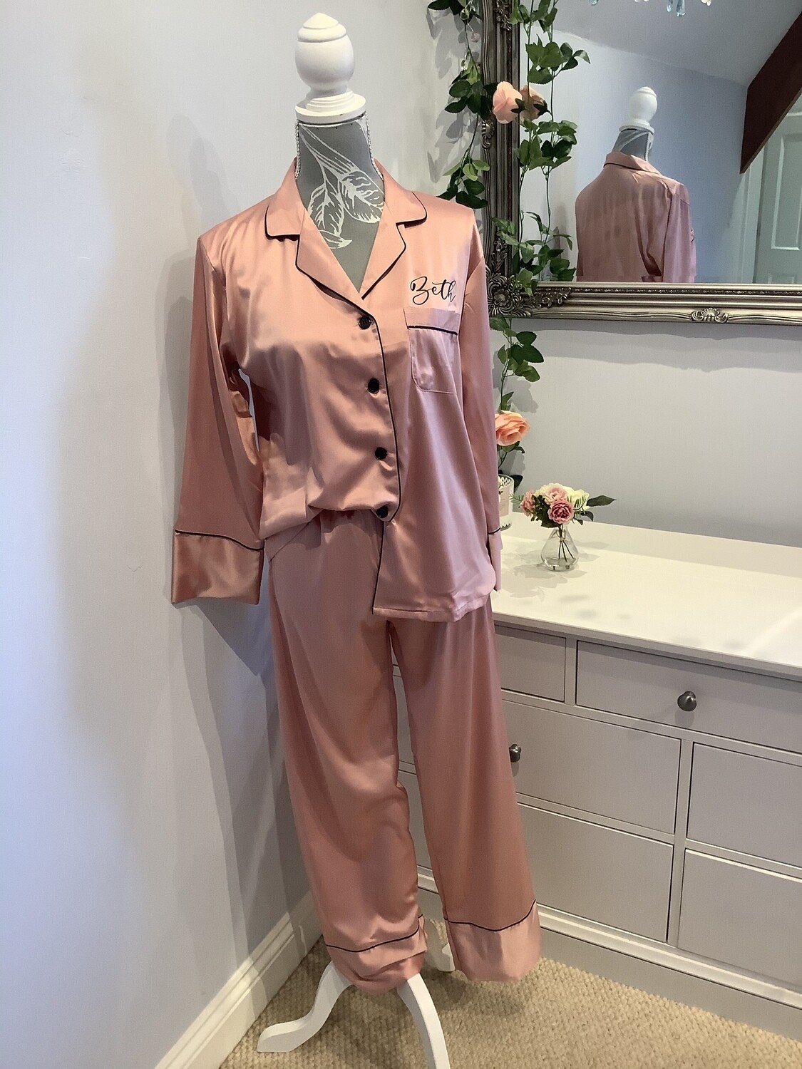 Personalised matte satin long trouser/ sleeved pjs