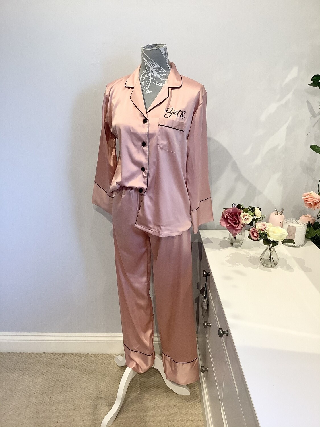 Personalised matte satin long trouser/ sleeved pjs