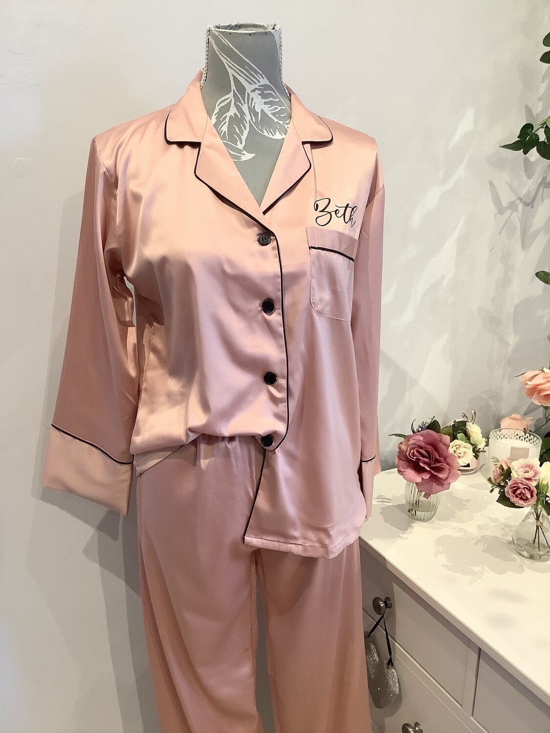 Personalised matte satin long trouser/ sleeved pjs