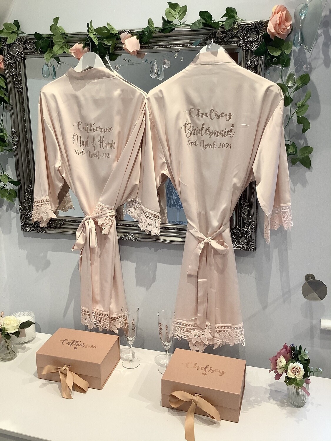 Personalised  glitter/ foil  matte satin lace edged robes