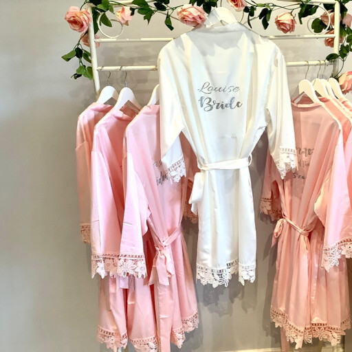 Personalised  glitter/ foil  matte satin lace edged robes