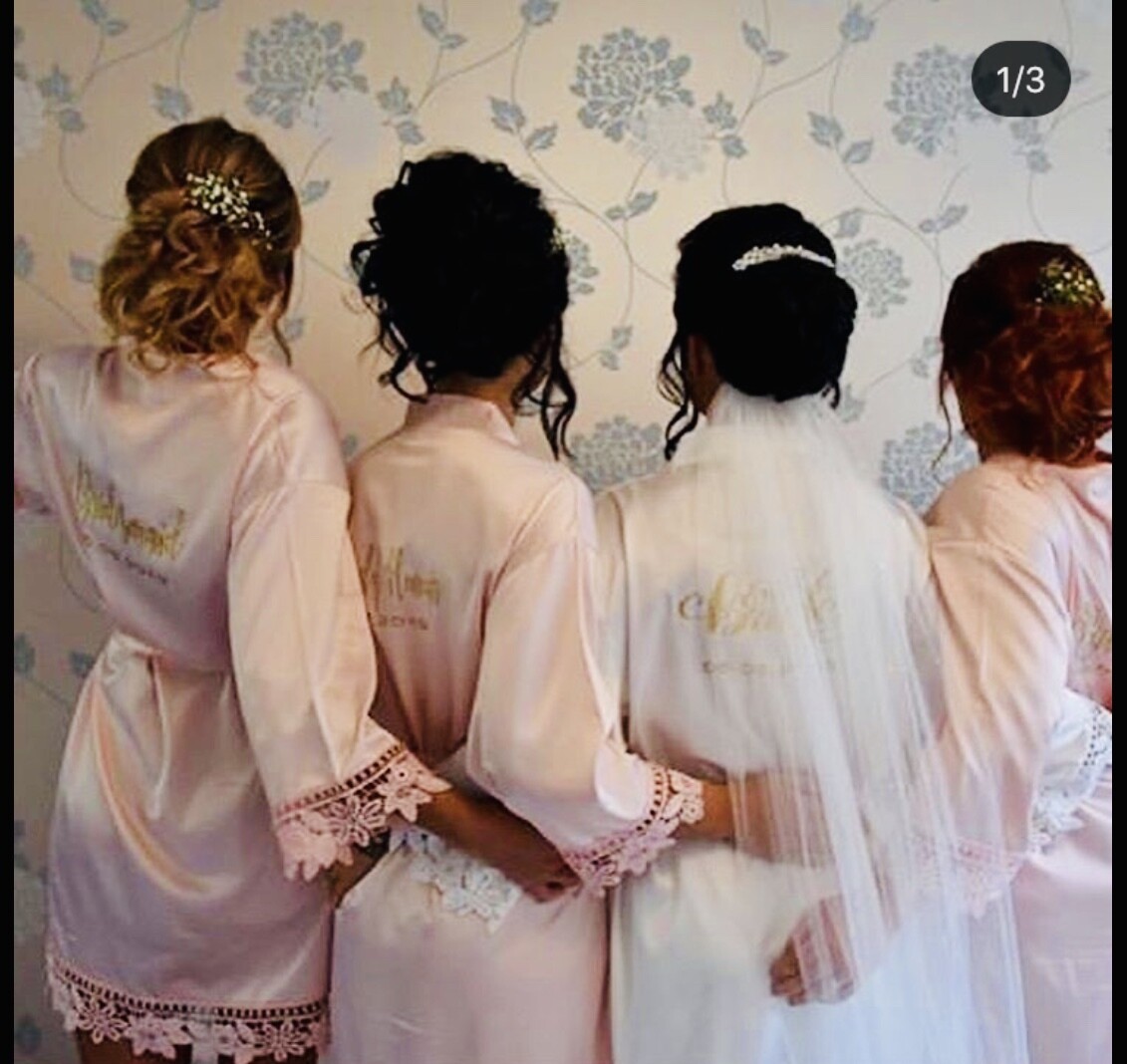 Personalised  glitter/ foil  matte satin lace edged robes