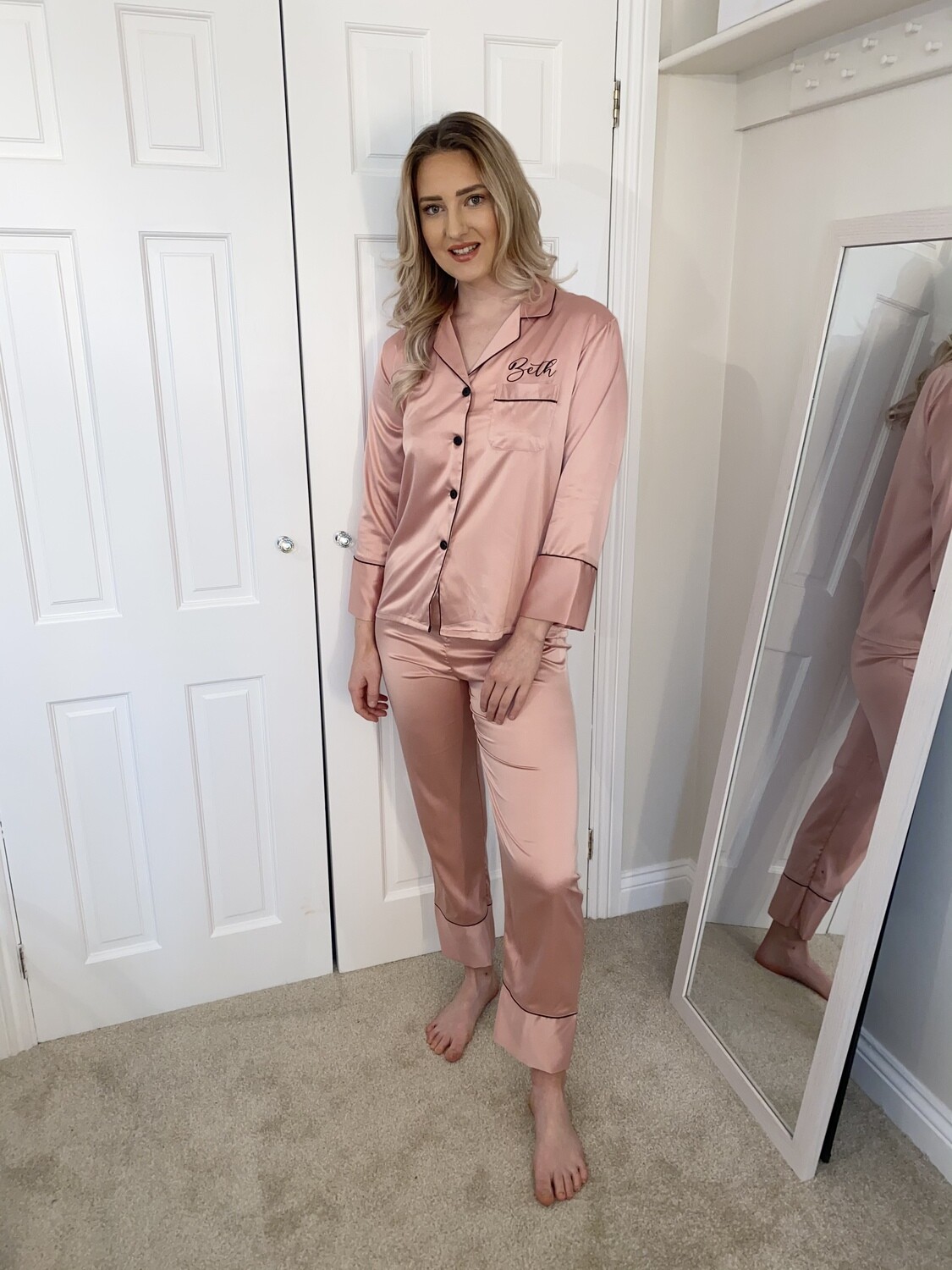 Personalised matte satin long trouser/ sleeved pjs