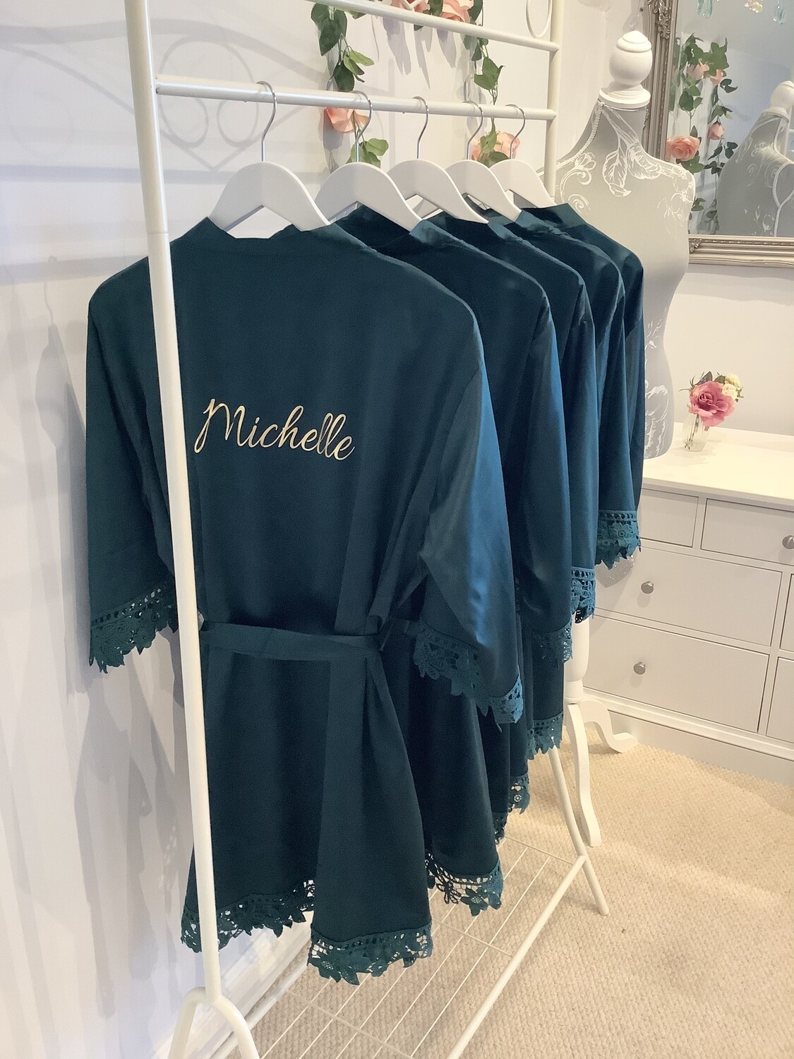 Personalised  glitter/ foil  matte satin lace edged robes