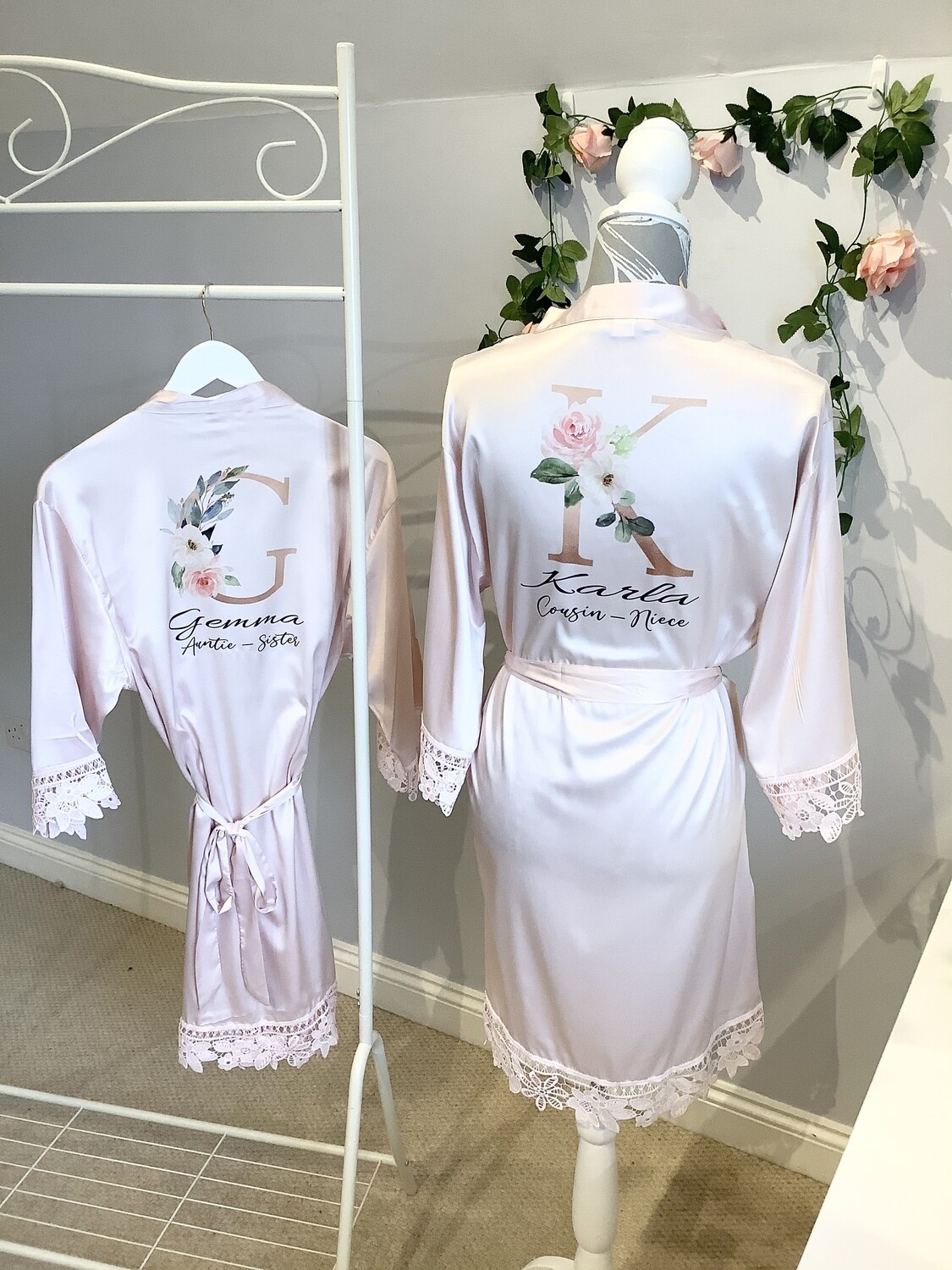 Gold floral initial satin lace robe