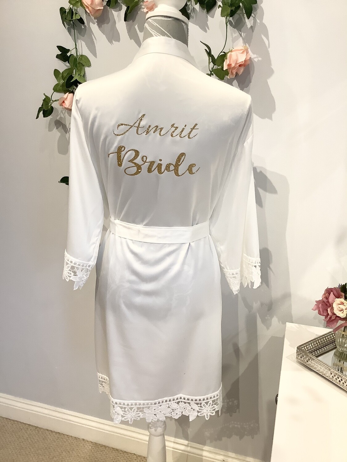 Personalised  glitter/ foil  matte satin lace edged robes