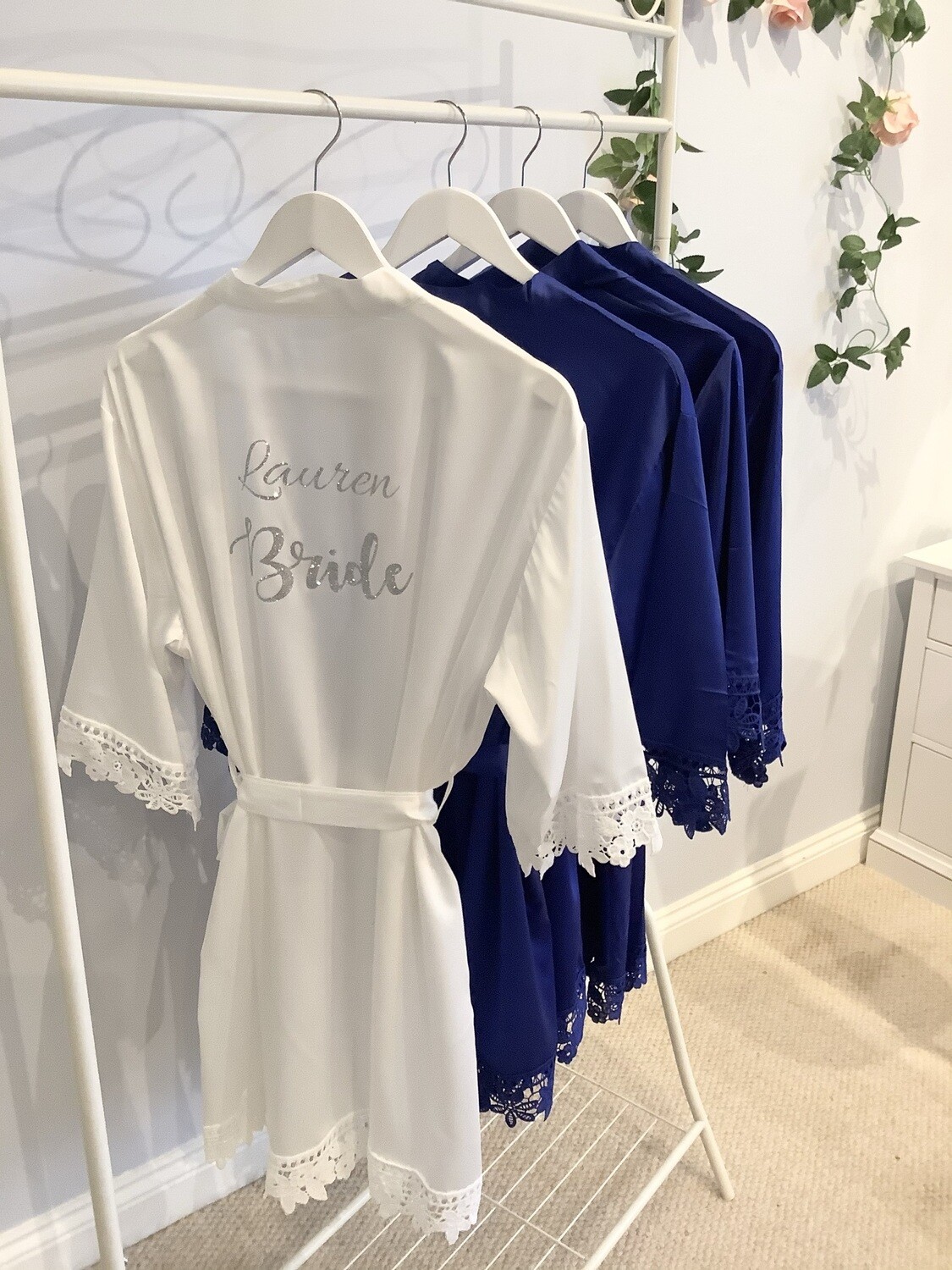 Personalised  glitter/ foil  matte satin lace edged robes