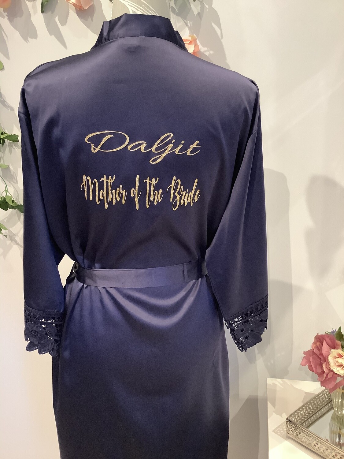 Personalised  glitter/ foil  matte satin lace edged robes