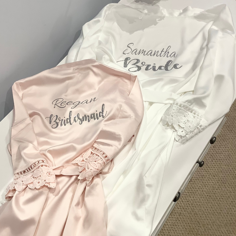 Children’s satin lace robes with glitter/ foil writing