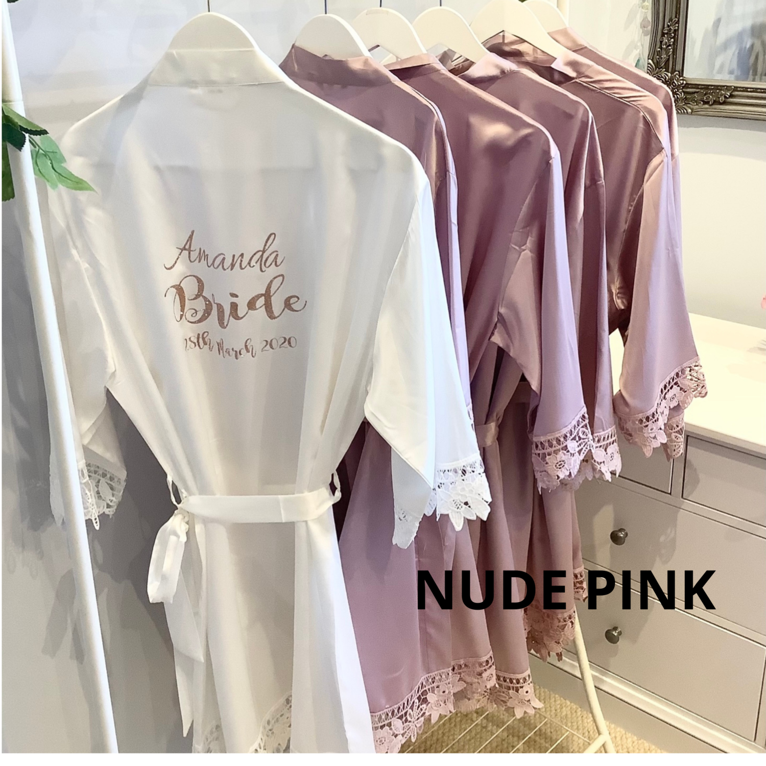 Personalised  glitter/ foil  matte satin lace edged robes