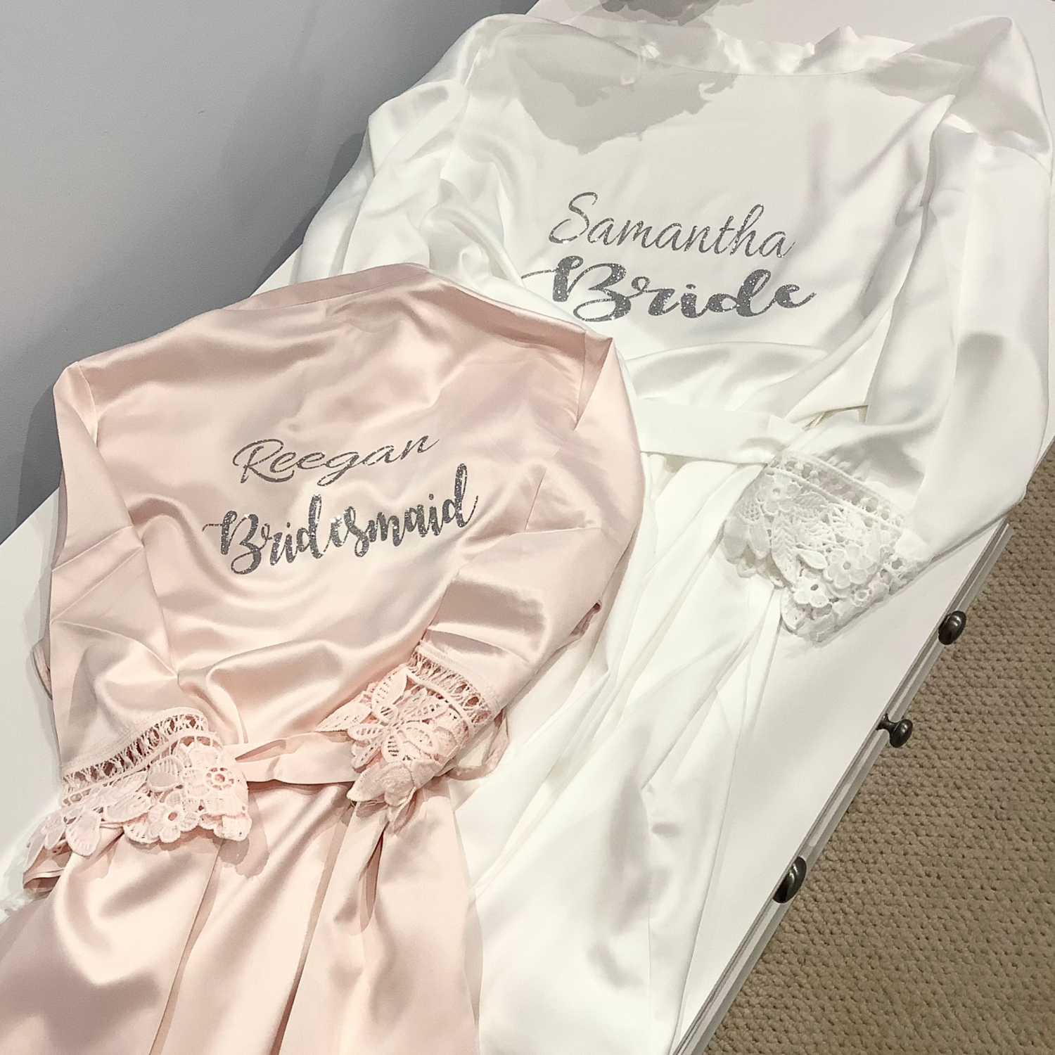Personalised  glitter/ foil  matte satin lace edged robes