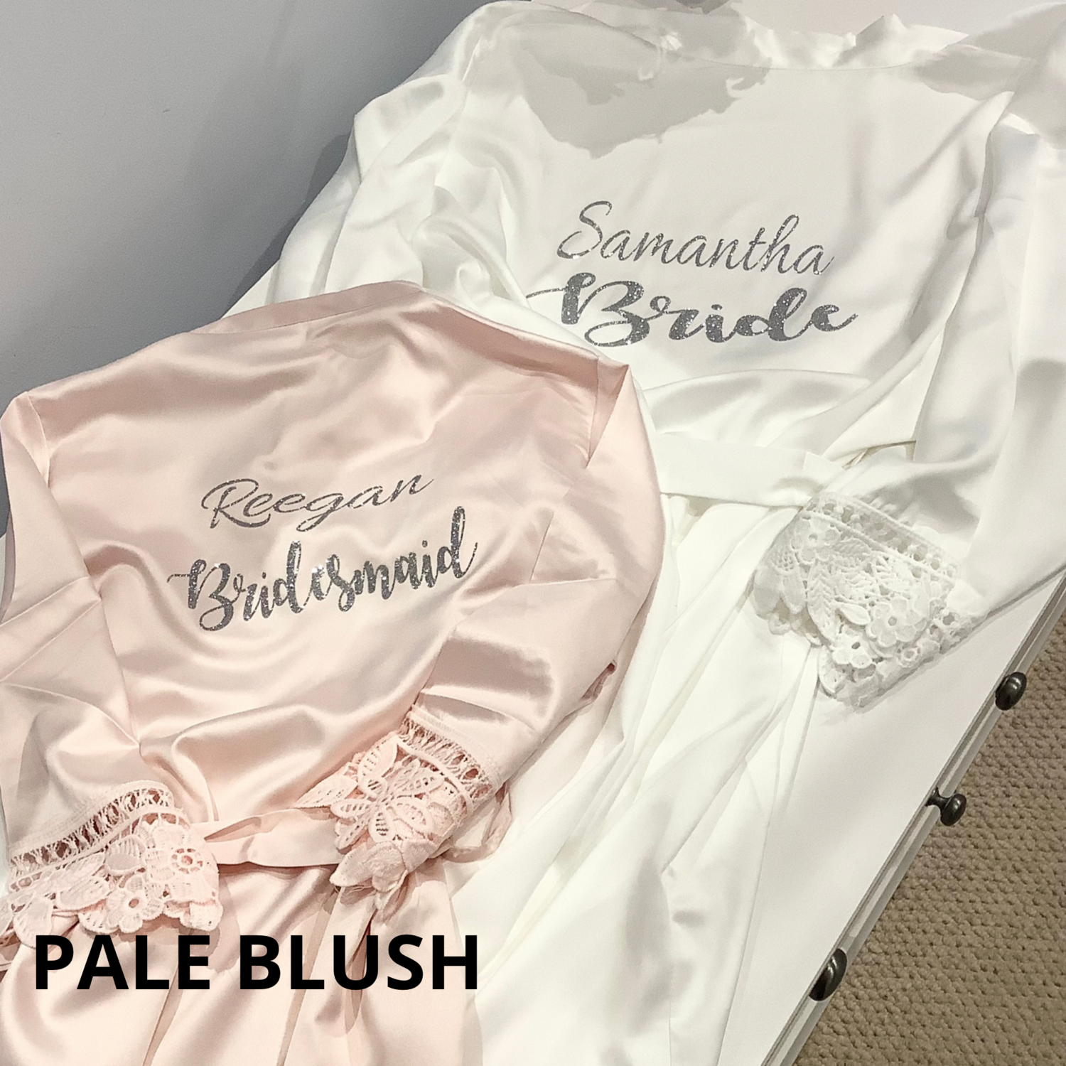 Personalised  glitter/ foil  matte satin lace edged robes
