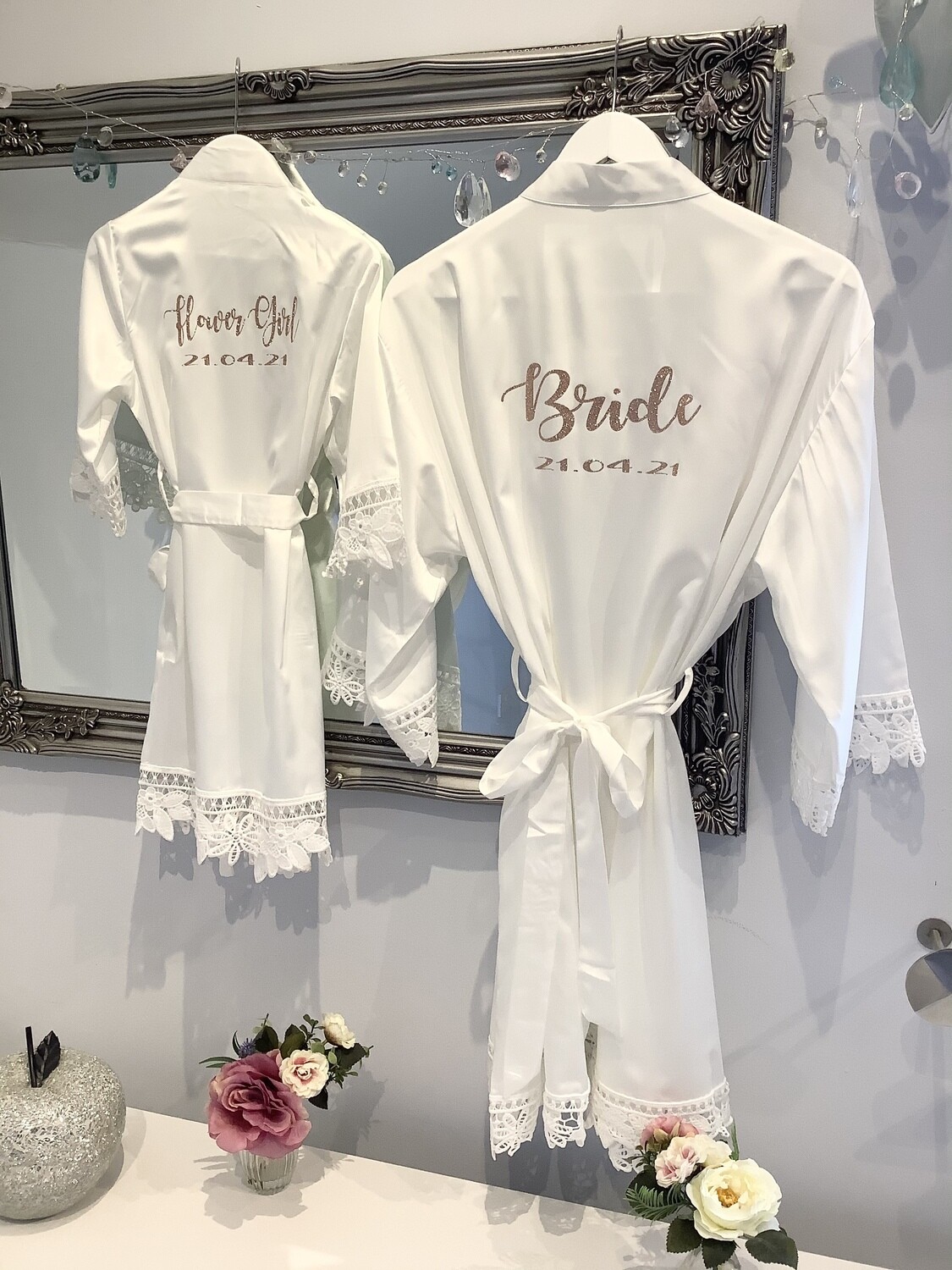 Personalised  glitter/ foil  matte satin lace edged robes