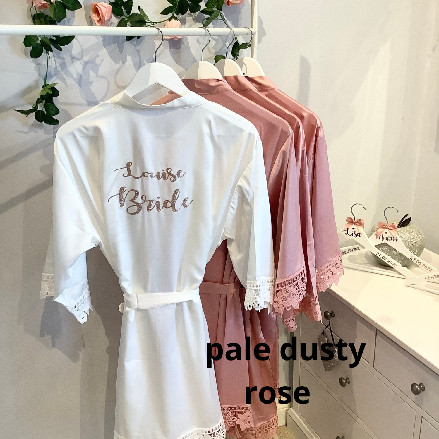 Personalised  glitter/ foil  matte satin lace edged robes