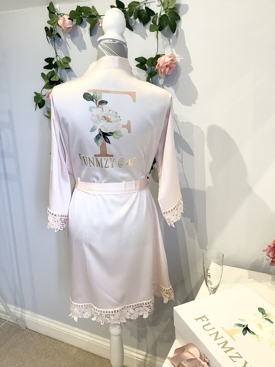 Gold floral initial satin lace robe