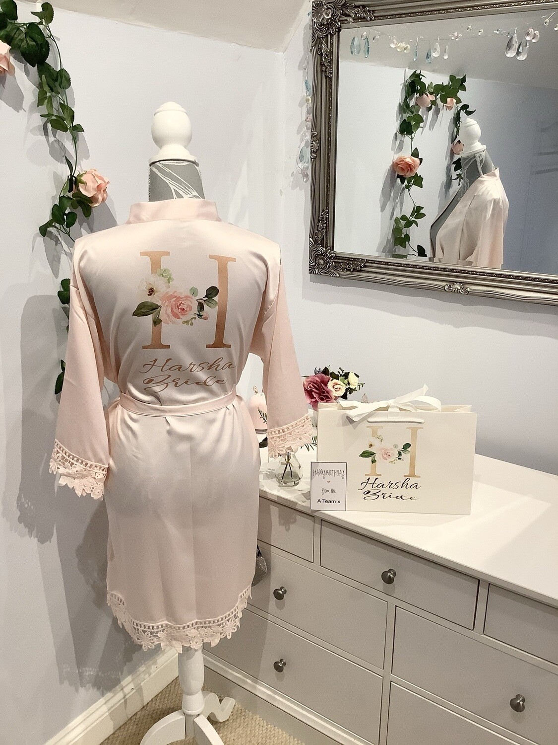 Gold floral initial satin lace robe