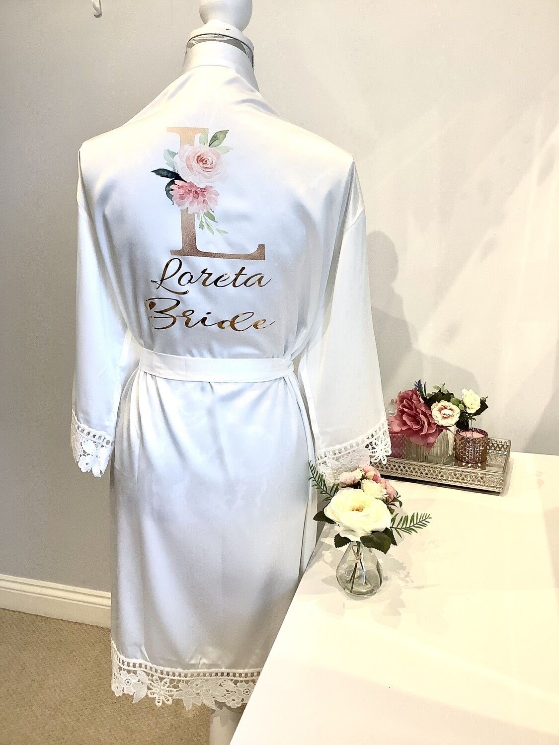 Gold floral initial satin lace robe