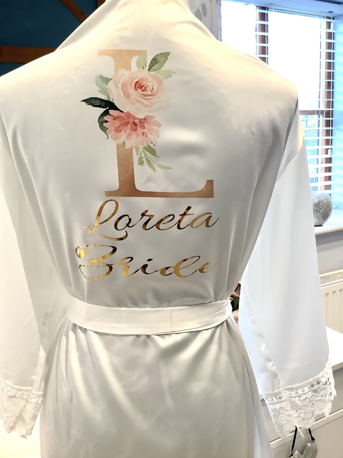 Gold floral initial satin lace robe
