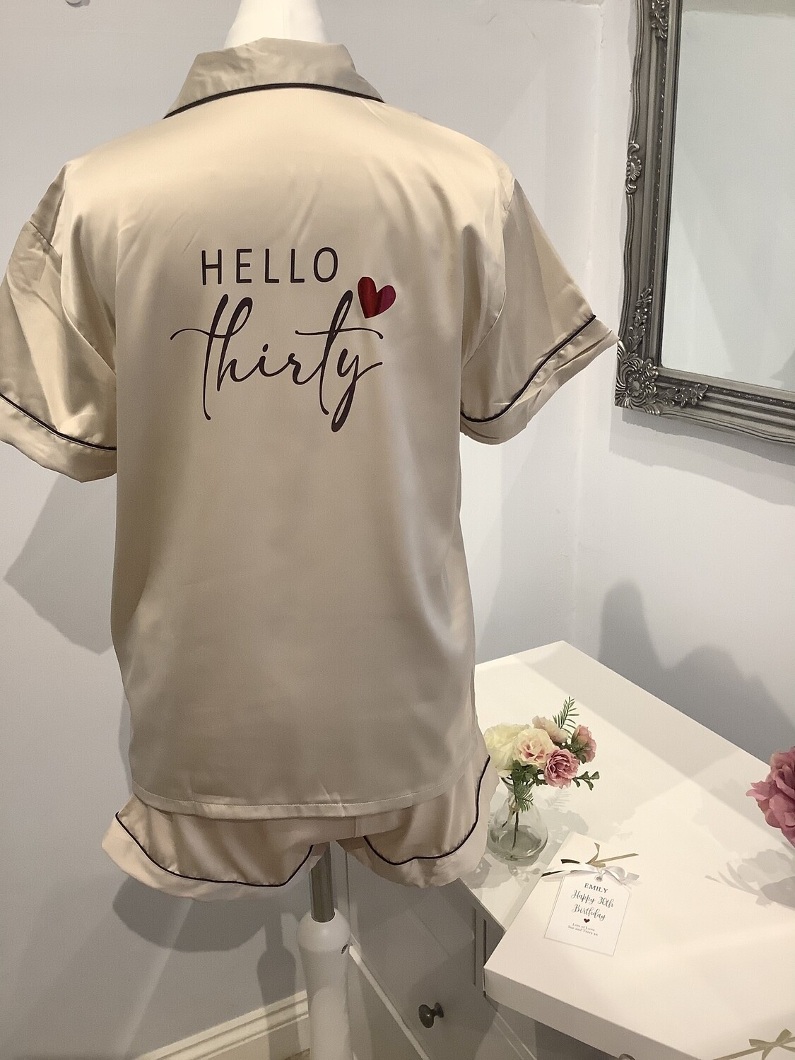 Personalised birthday pj set, Hello forty, Hello thirty, Hello twenty one