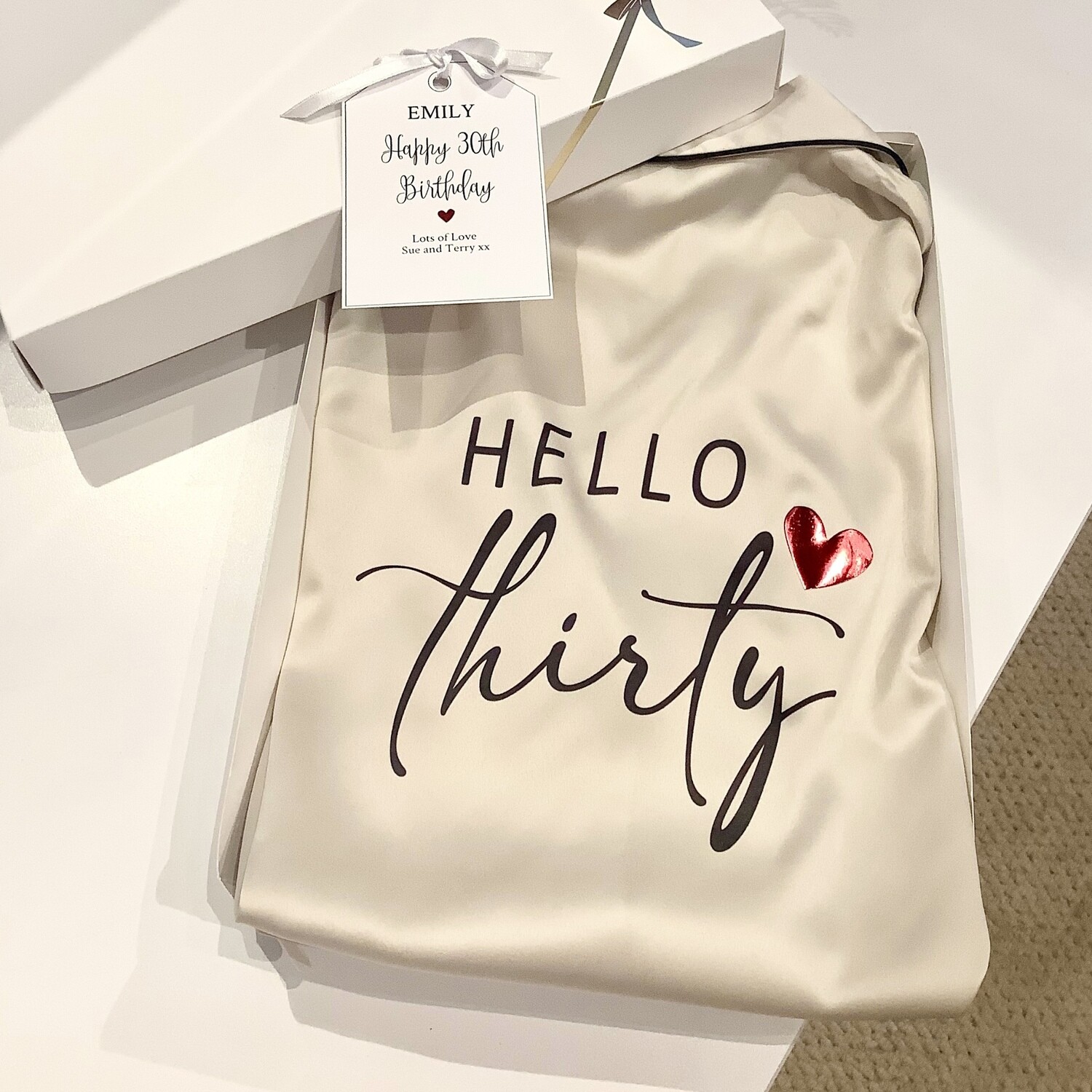 Personalised birthday pj set, Hello forty, Hello thirty, Hello twenty one