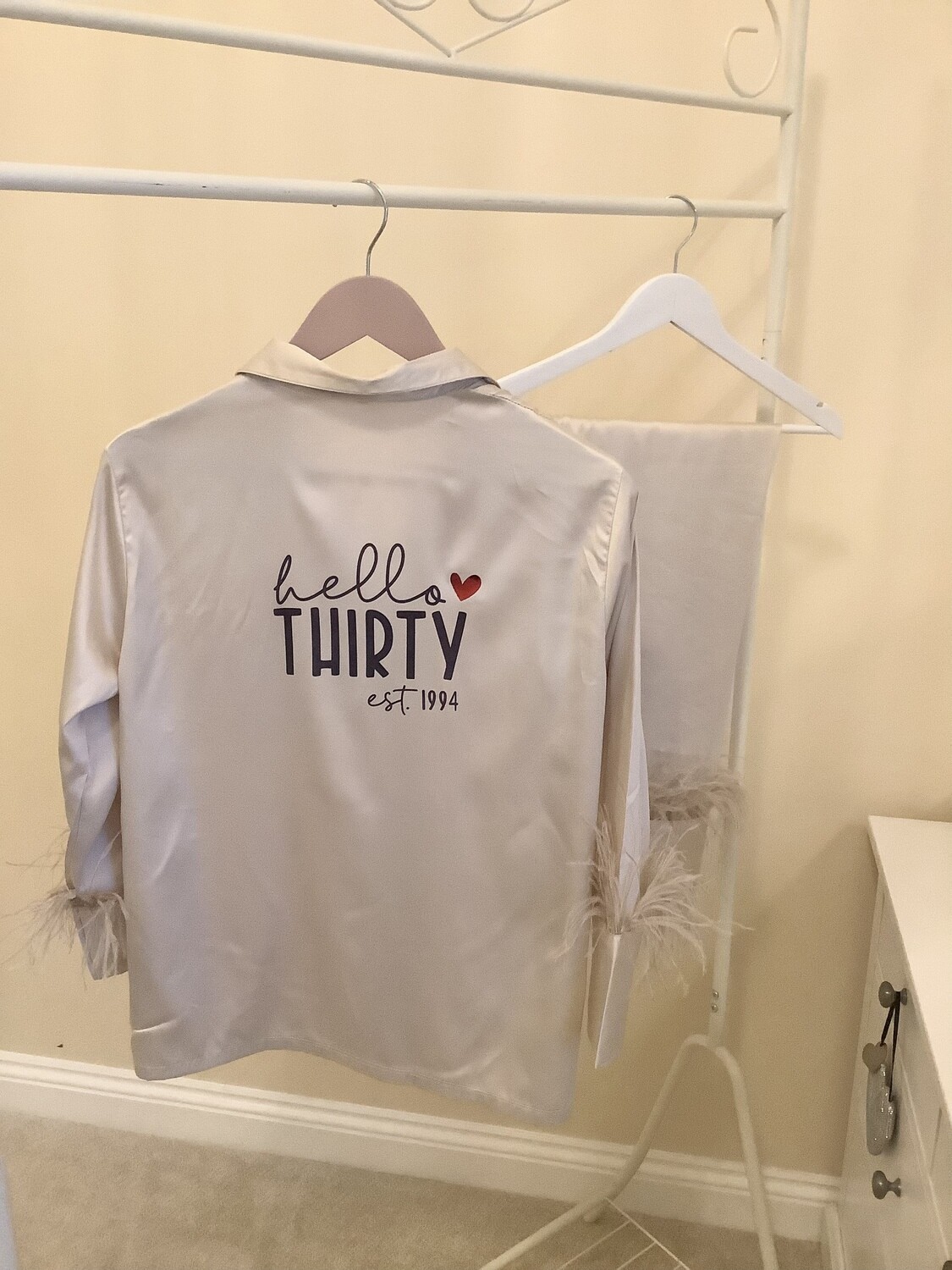 Personalised feather long trouser satin 30th birthday pyjamas
