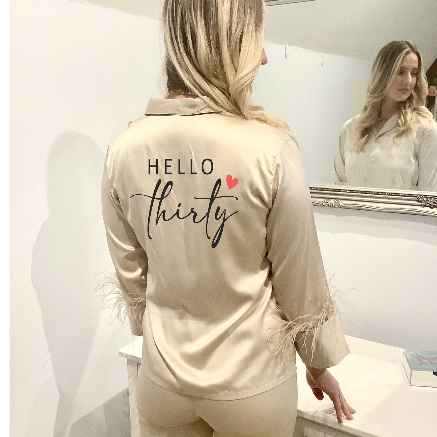 Personalised feather long trouser satin 30th birthday pyjamas