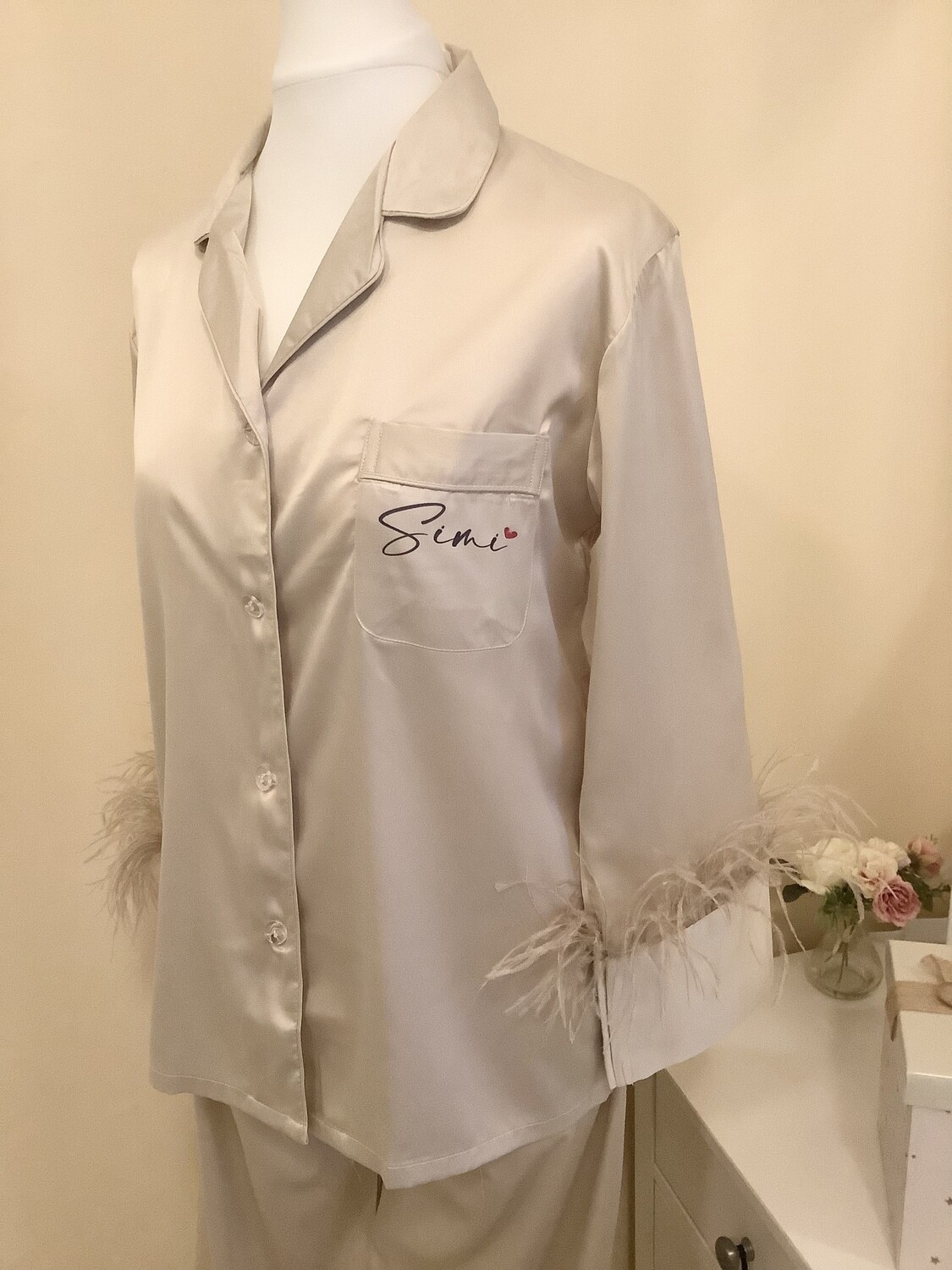 Personalised feather long trouser satin 30th birthday pyjamas