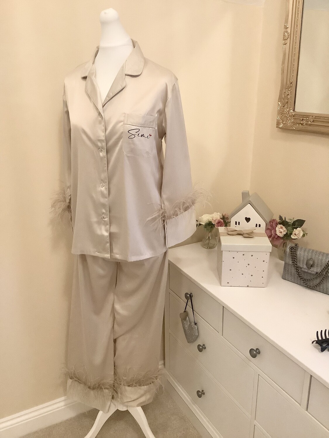Personalised feather long trouser satin 30th birthday pyjamas