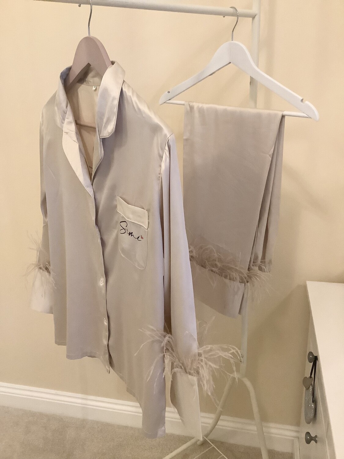 Personalised feather long trouser satin 30th birthday pyjamas