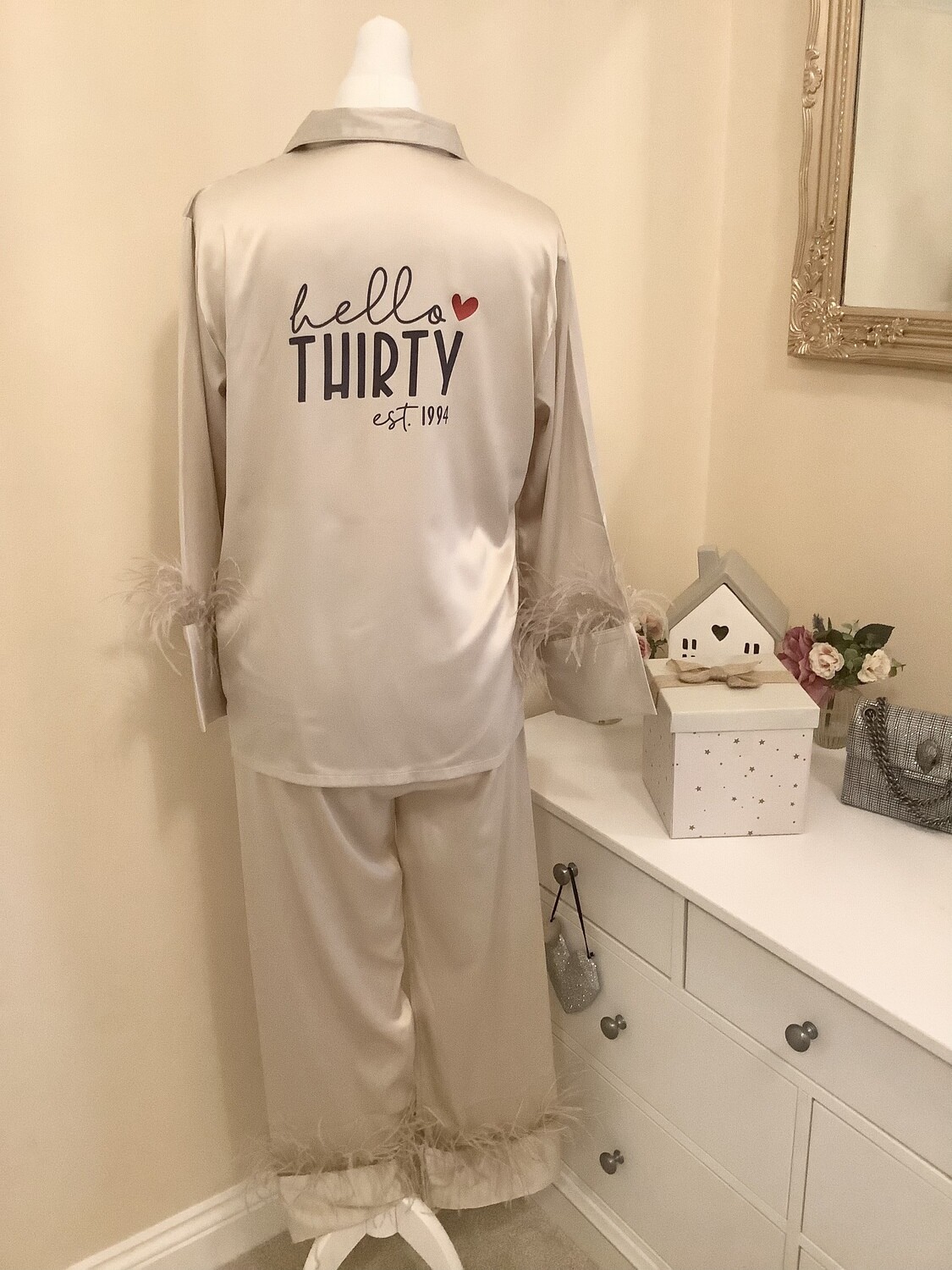 Personalised feather long trouser satin 30th birthday pyjamas