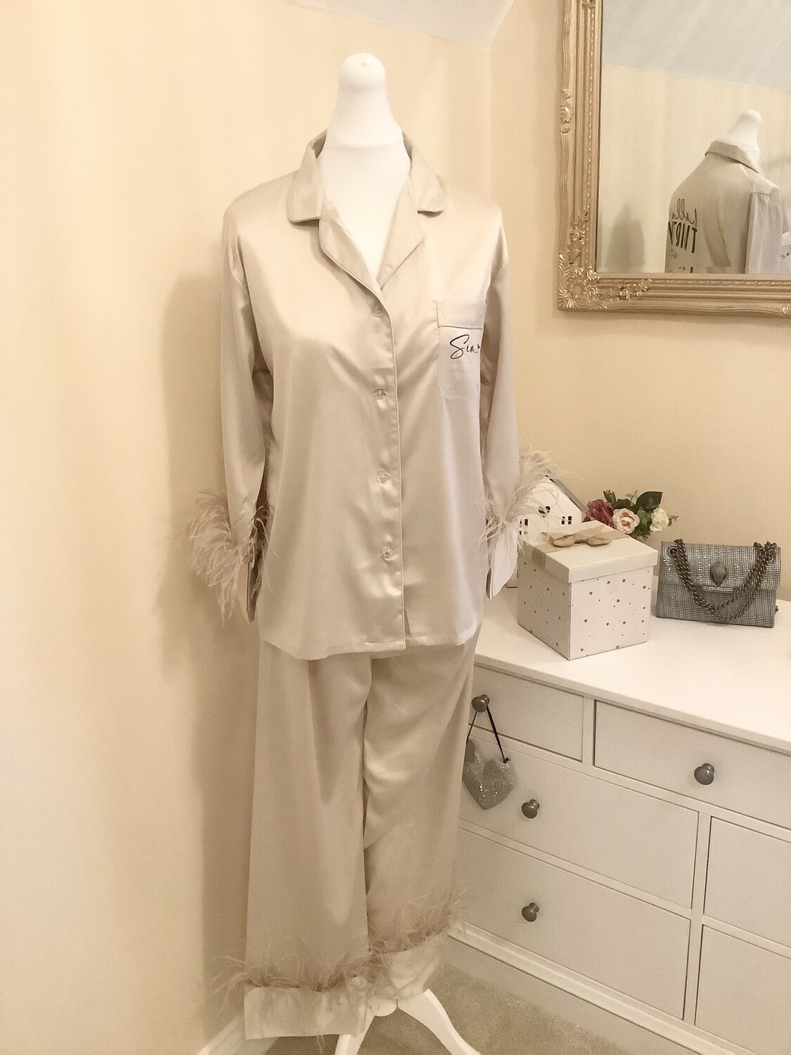 Personalised feather long trouser satin 30th birthday pyjamas