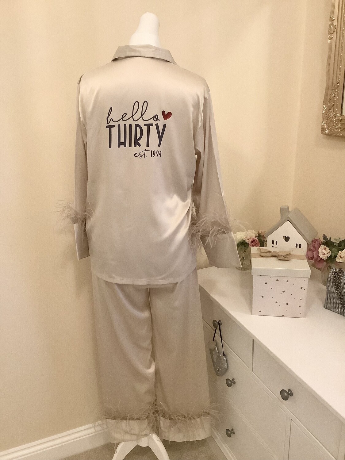 Personalised feather long trouser satin 30th birthday pyjamas