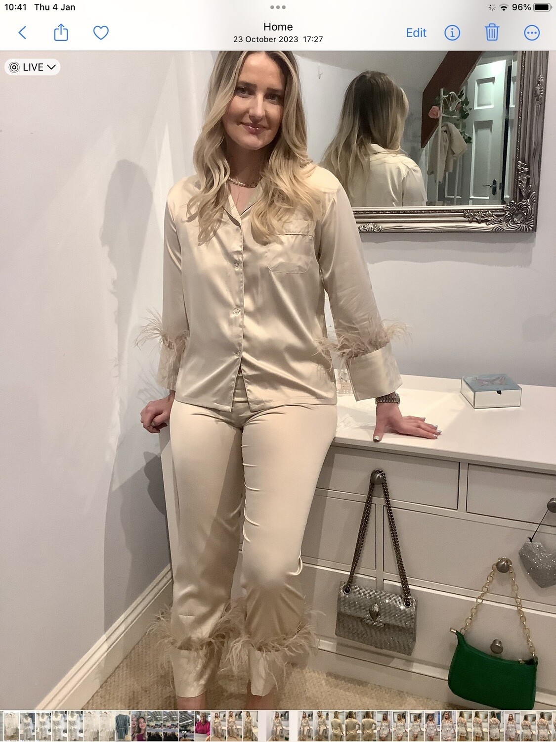 Personalised feather long trouser satin 30th birthday pyjamas