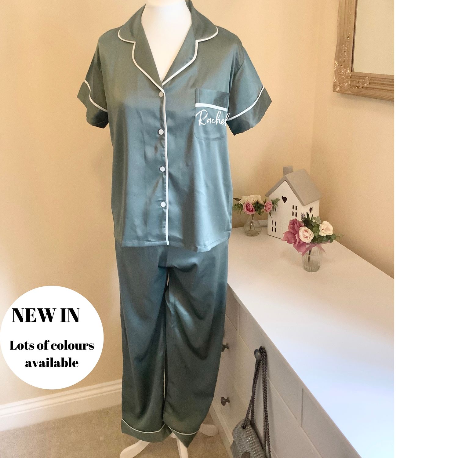 Personalised short sleeve long trouser satin pyjamas JADE