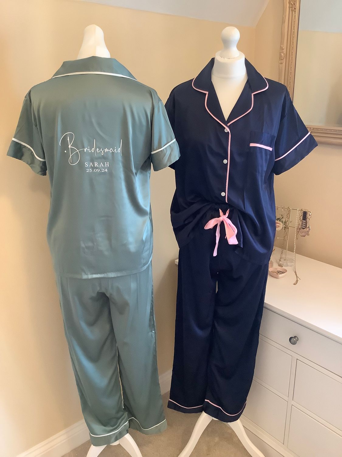 Personalised short sleeve long trouser satin pyjamas JADE