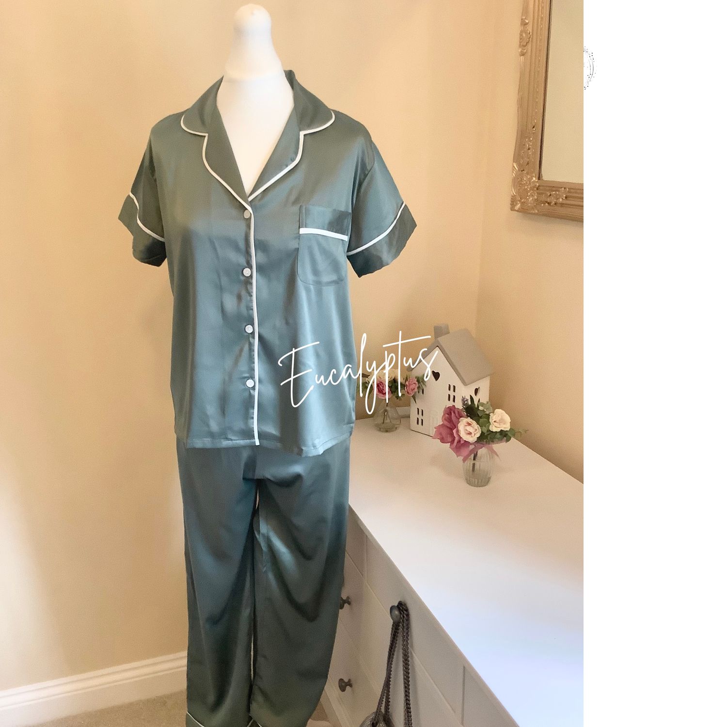 Personalised short sleeve long trouser satin pyjamas JADE