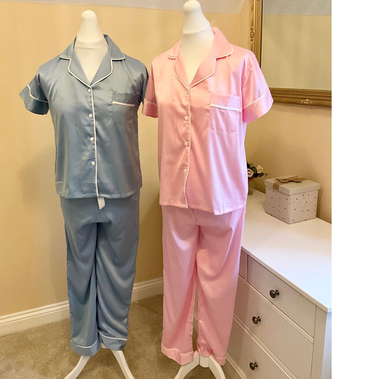 Personalised short sleeve long trouser satin pyjamas JADE