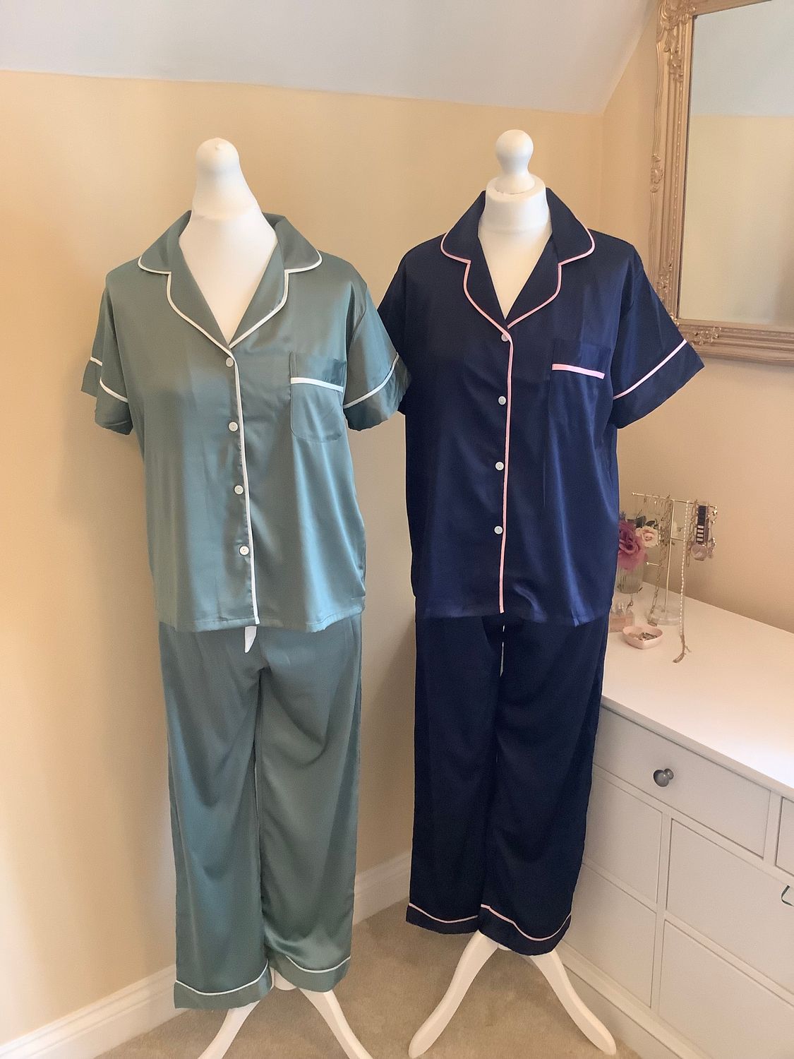 Personalised short sleeve long trouser satin pyjamas JADE
