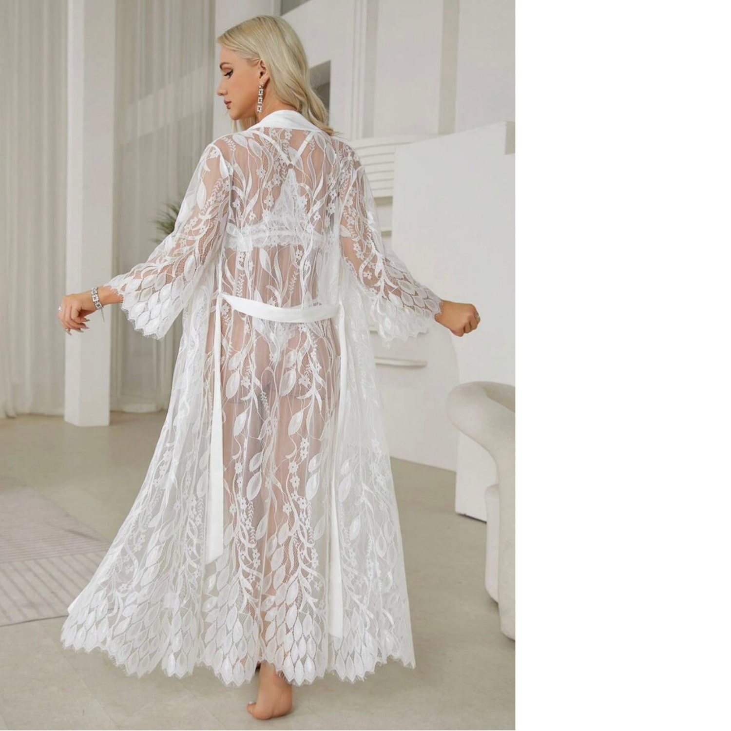 Long white lace bridal robe LORNA
