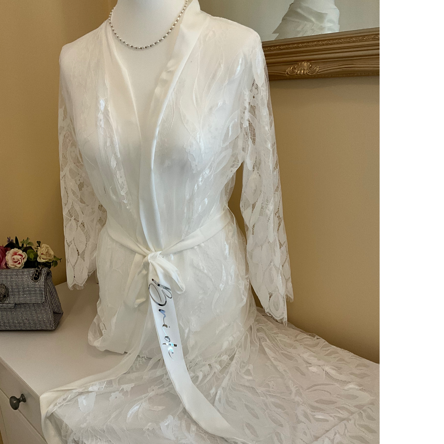 Long white lace bridal robe LORNA