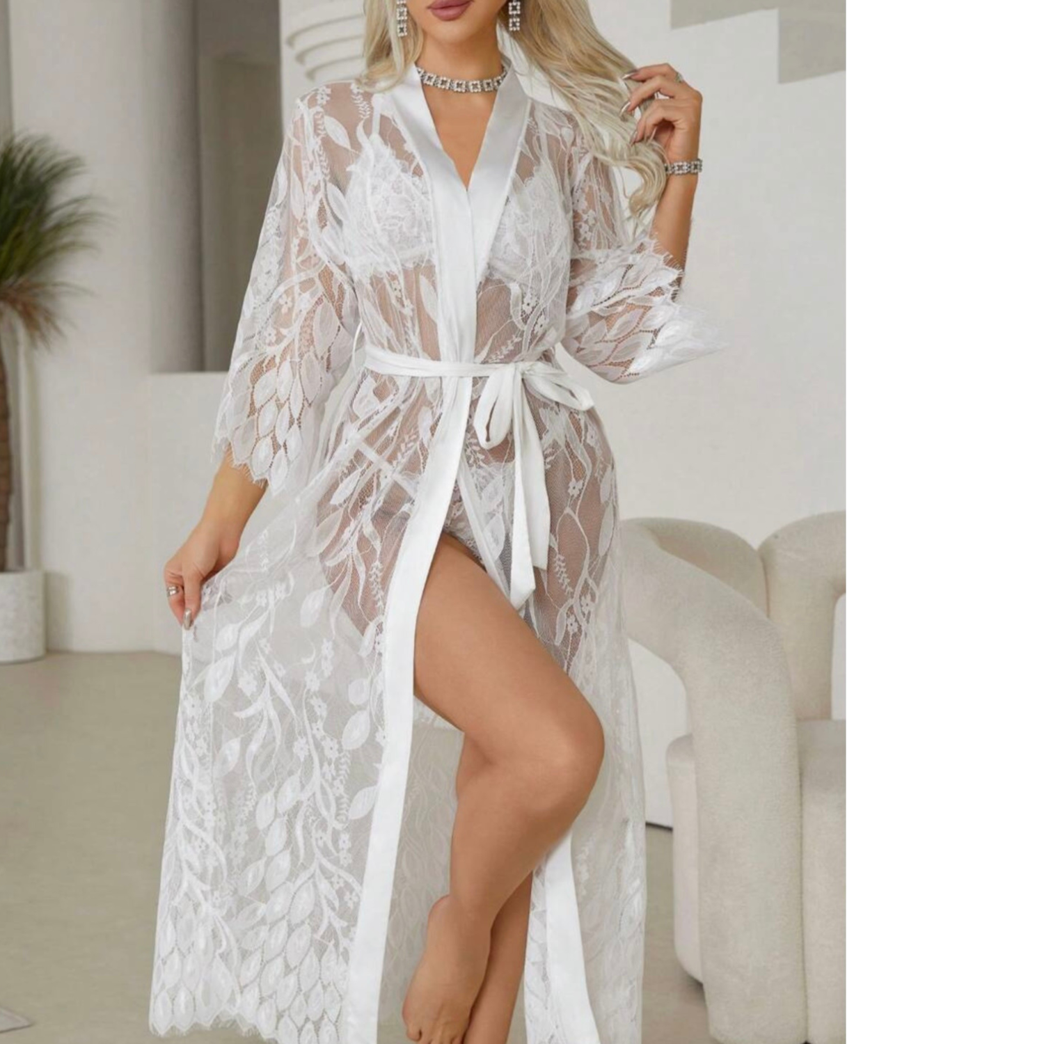 Long white lace bridal robe LORNA