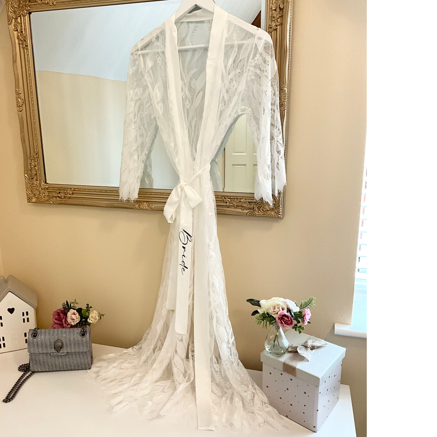 Long white lace bridal robe LORNA