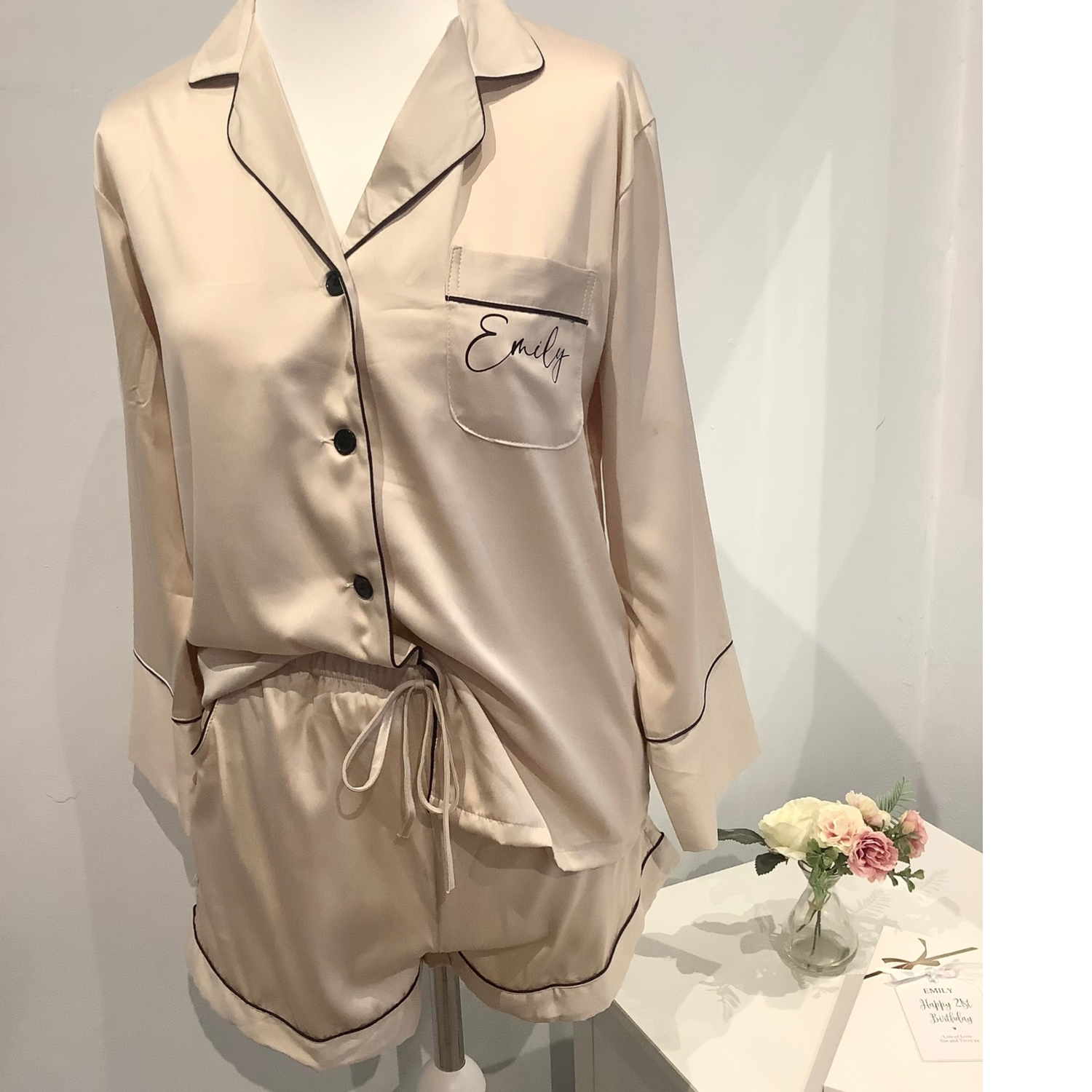 Personalised bridesmaid satin long sleeve/ short bottoms pjs