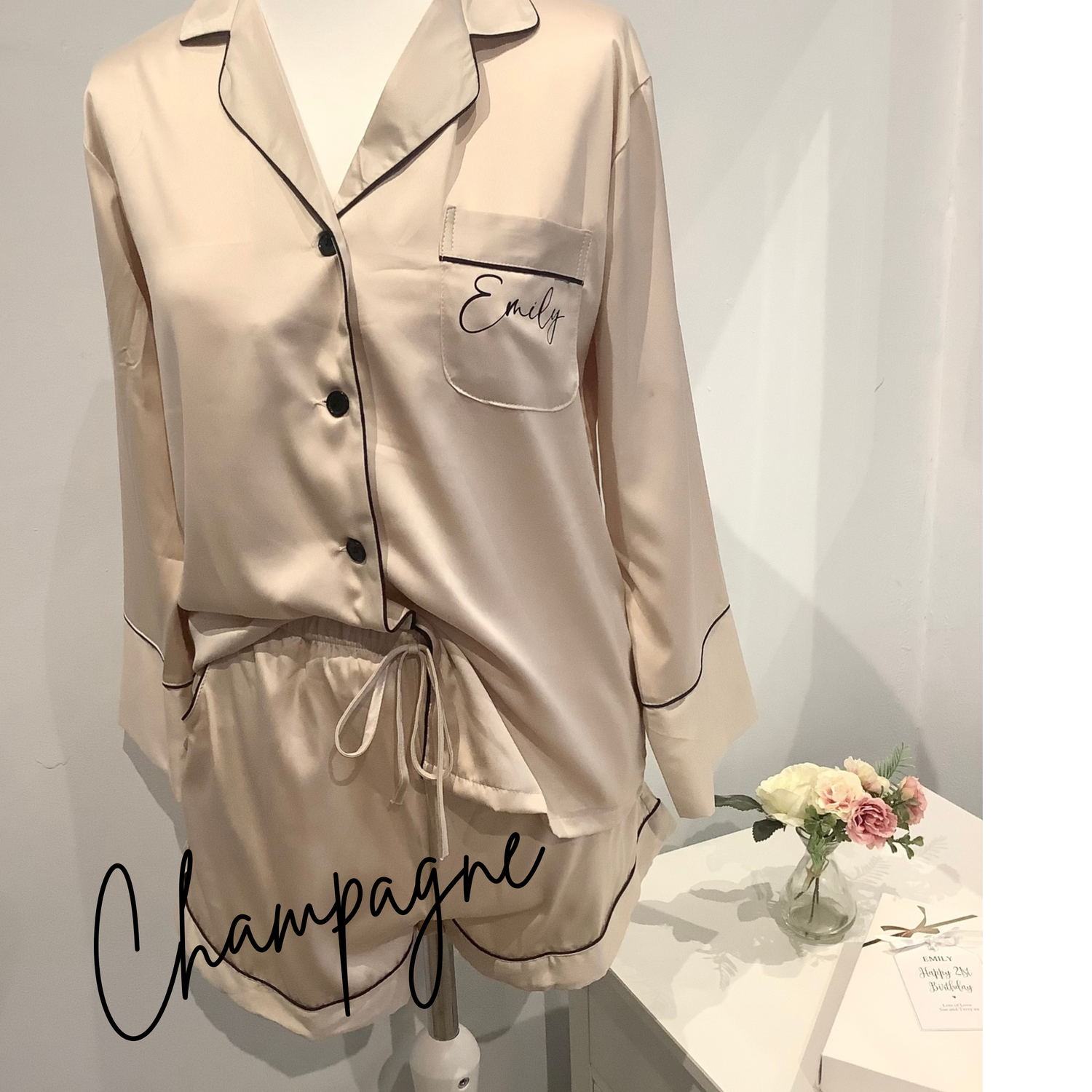 Personalised bridesmaid satin long sleeve/ short bottoms pjs
