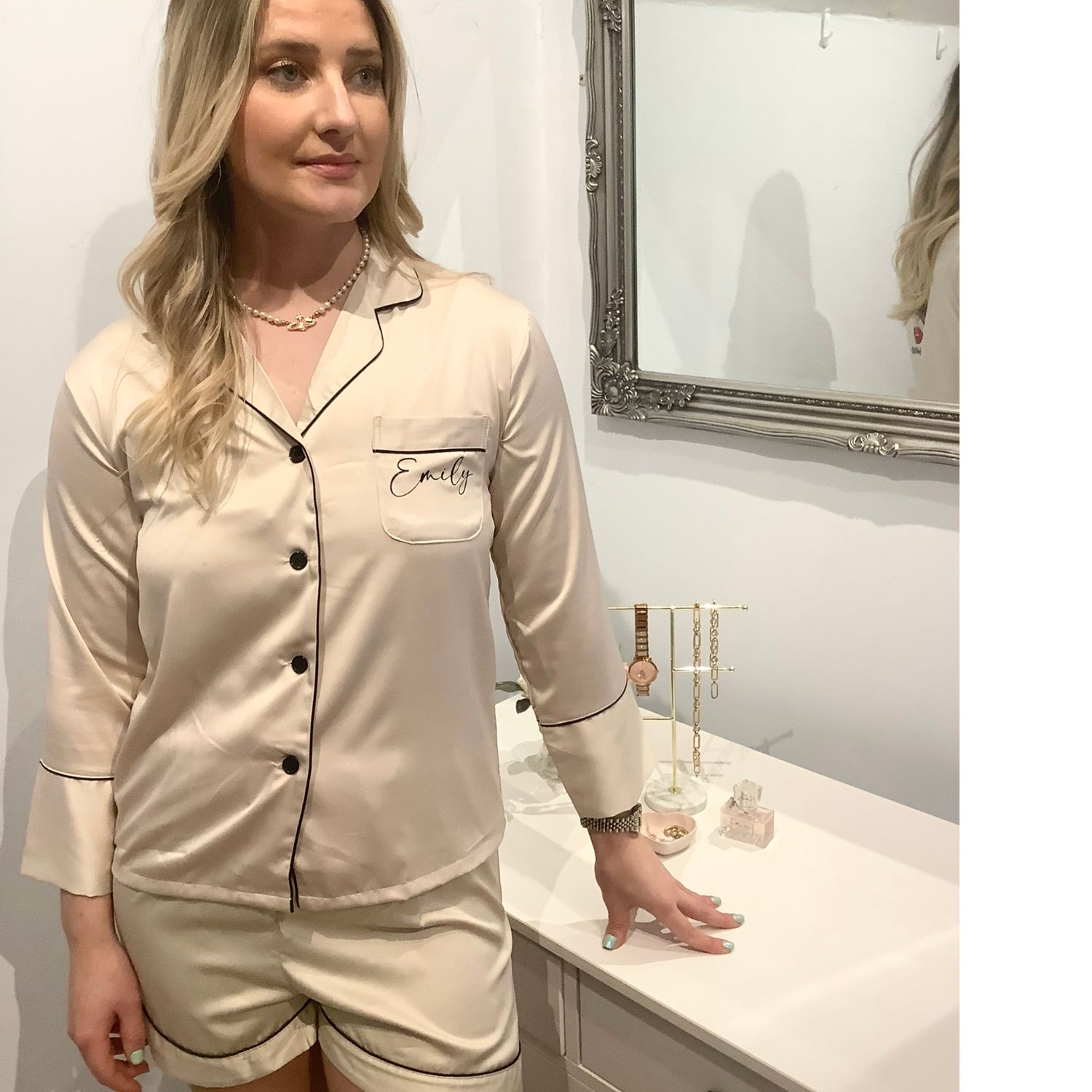 Personalised bridesmaid satin long sleeve/ short bottoms pjs