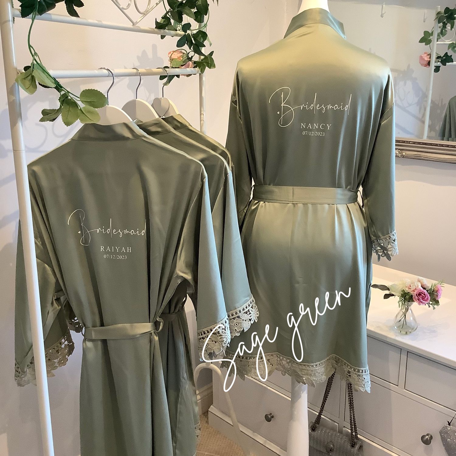 Personalised bridesmaid satin lace robes